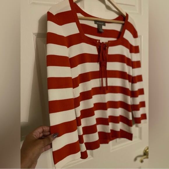 Kenar Cream Lace Up Tie Front Stripe Lightweight Career Sweater Size Small - Picture 1 of 5